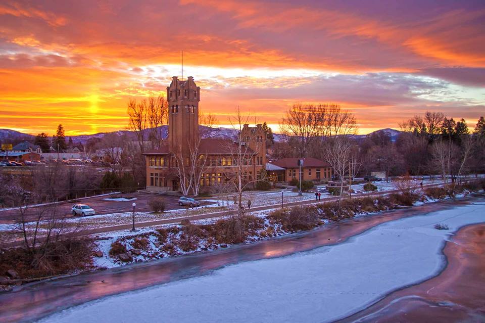 Missoula, Montana sunset over Boone and Crockett building in Downtown Missoula