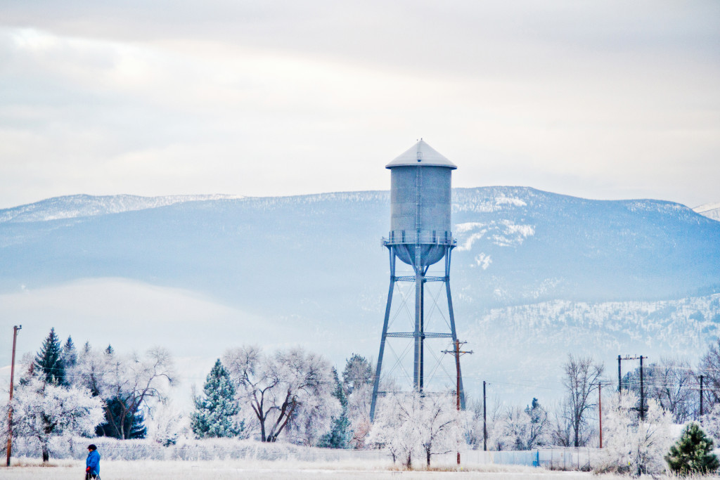 Frosted trees surround the Fort Missoula Water Tower during winter in Missoula, Montana
