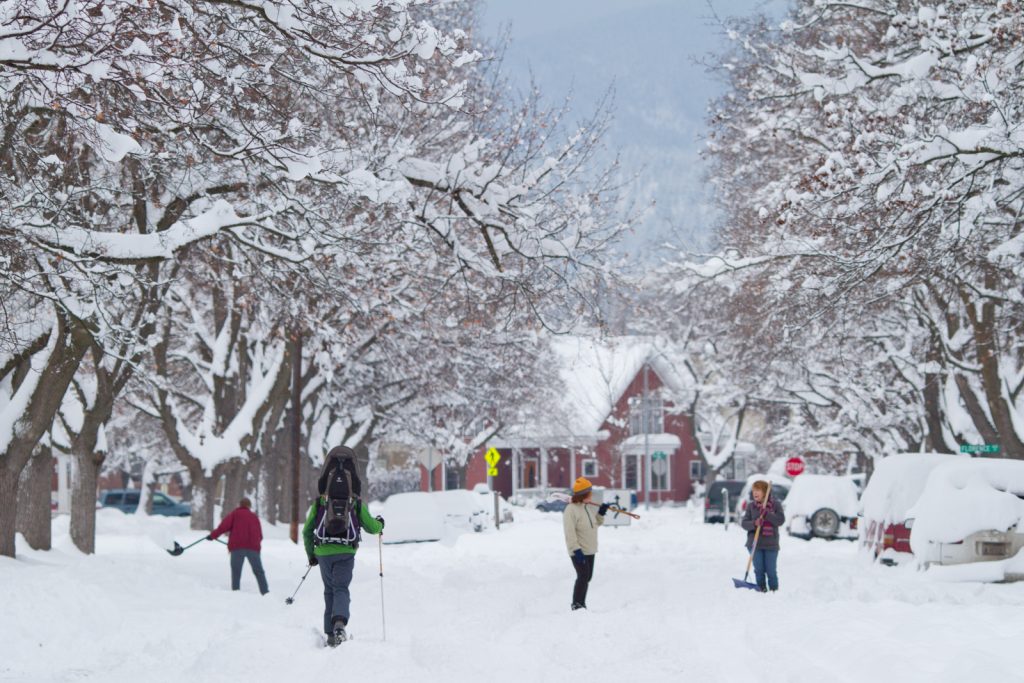 A snowy University District Missoula, Montana sends commuters cross-country skiing to work