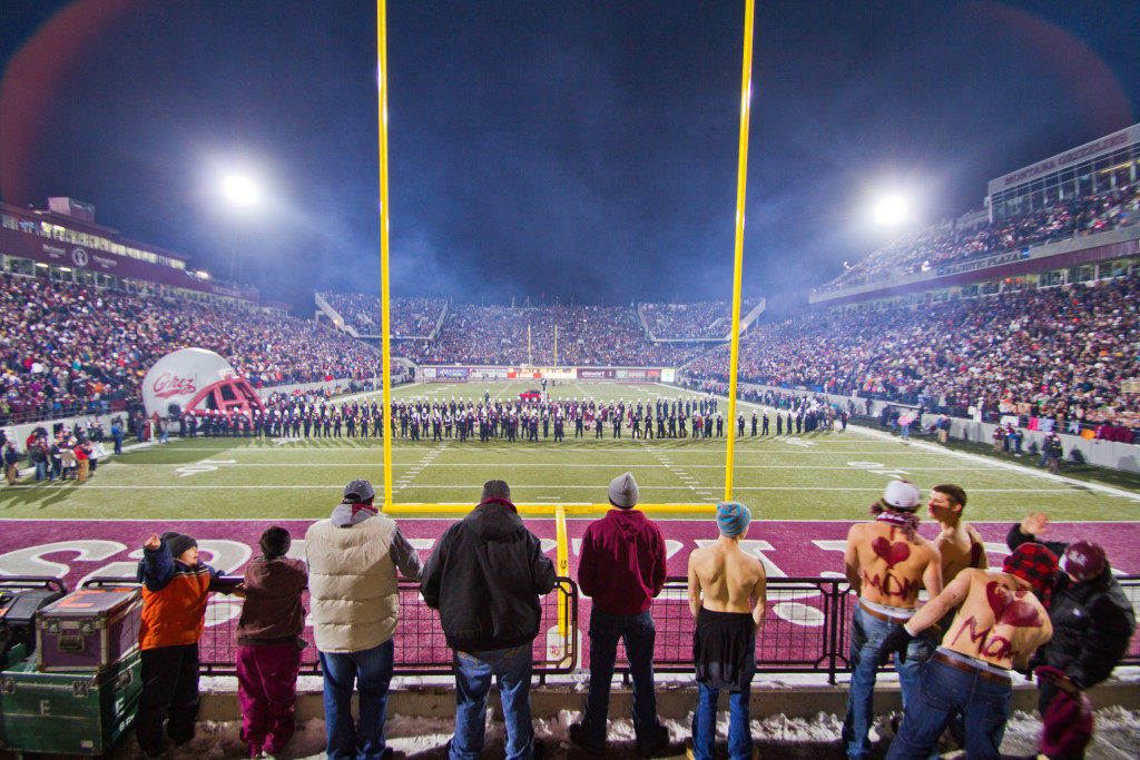 Fans cheer on the University of Montana Grizzlies at the Washington Grizzly Stadium in Missoula, Montana