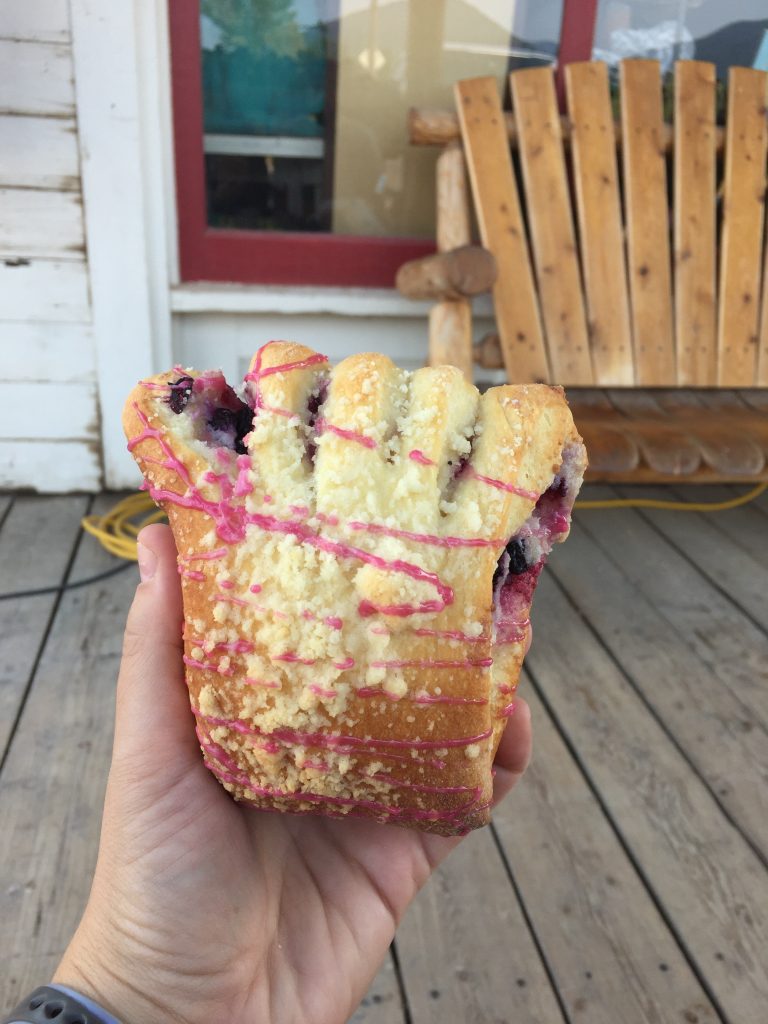 The Huckleberry Bear Claw is a must have when visiting Polebridge.